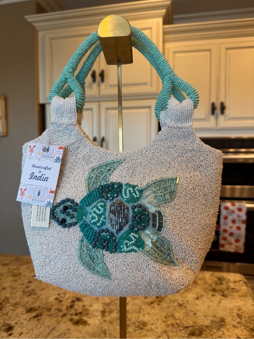 Handcrafted in India Beaded handbag with Teal Turtle Appliqué